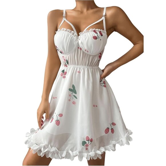 ✨Women White Chiffon Underwire Lingerie Nightgowns Ruffle Hem Backless Sleepwear